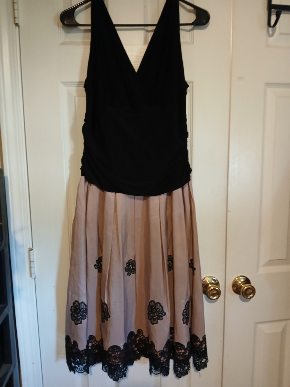 S.L. Fashions Black & Taupe V-Neck Lace Hem Midi Dress